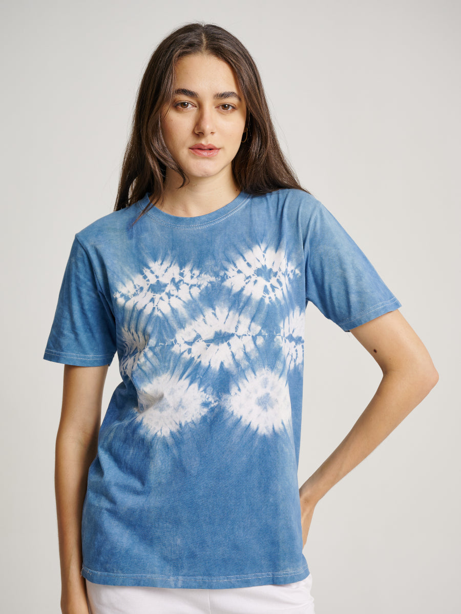 Blue Tie Dye Indigo Plant Middle Diamond Pattern Short Sleeves T-shirt