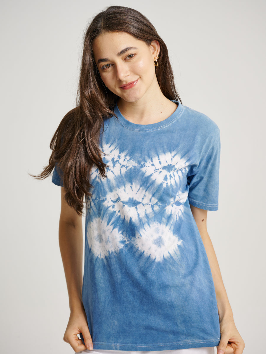 Blue Tie Dye Indigo Plant Middle Diamond Pattern Short Sleeves T-shirt