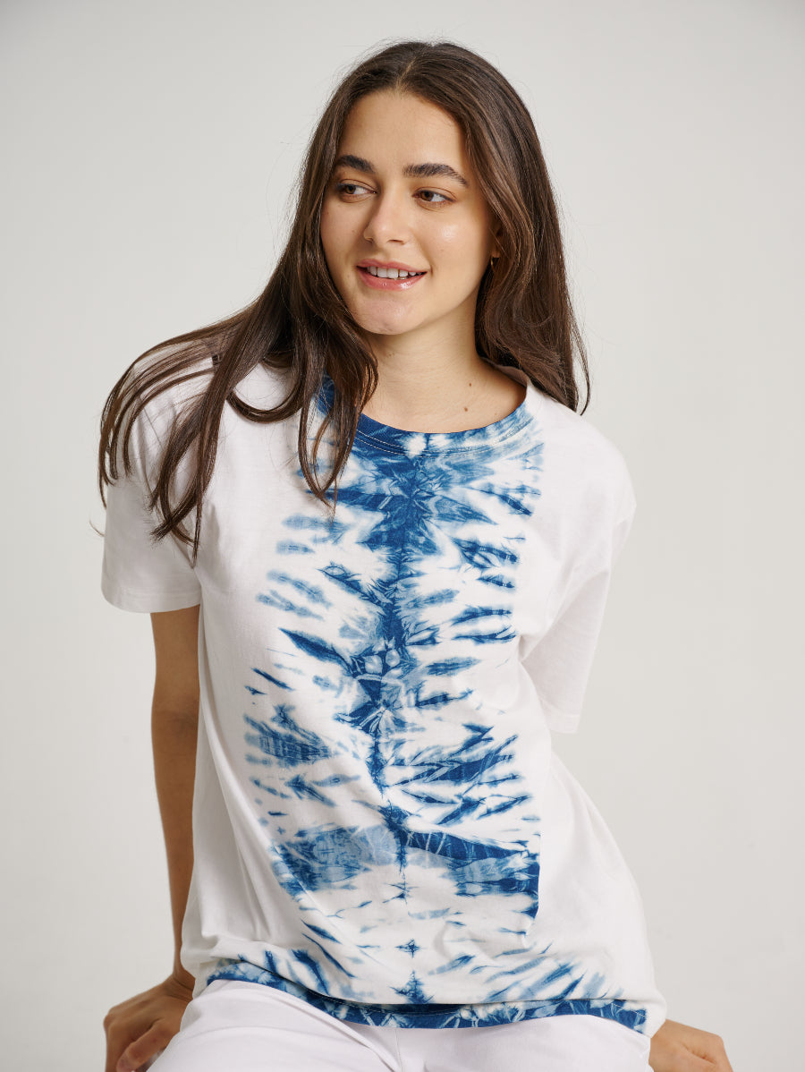 Blue Tie Dye Indigo Plant Middle Square Short Sleeve T-shirt