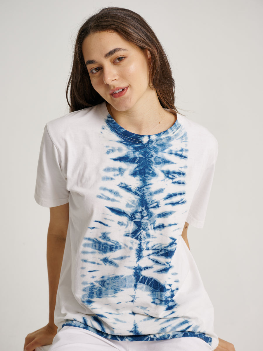 Blue Tie Dye Indigo Plant Middle Square Short Sleeve T-shirt