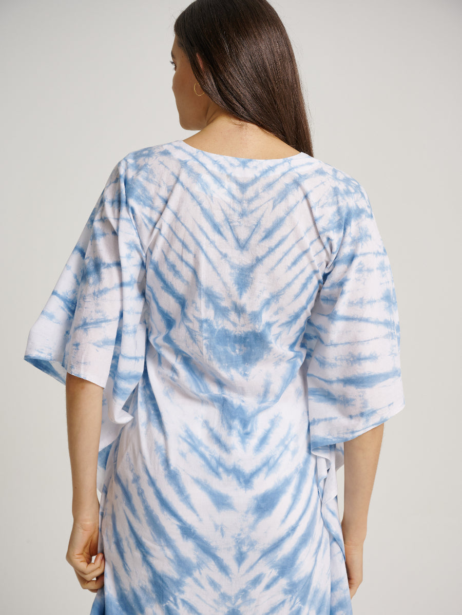 Blue Tie Dye V-Neck Blouse Drawstring Indigo Plant Stripe Pattern