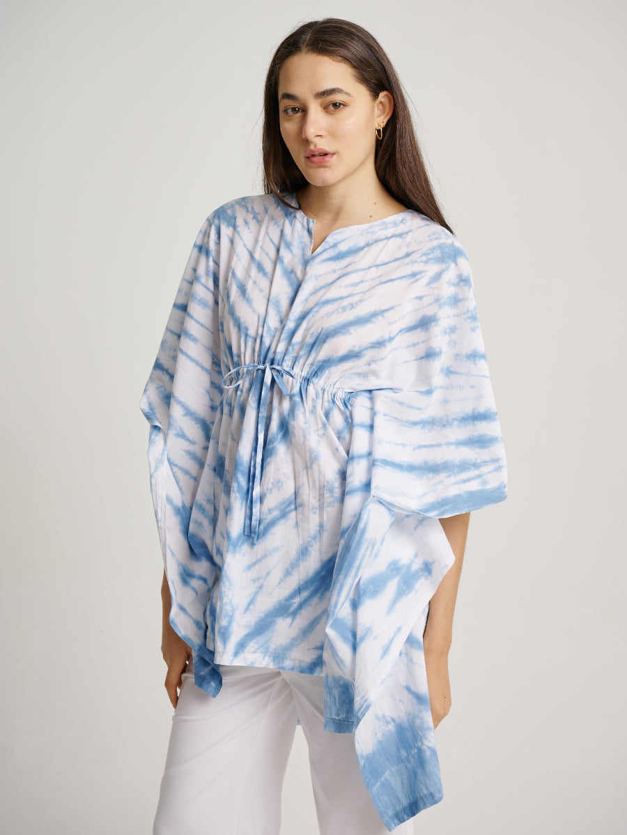 Blue Tie Dye V-Neck Blouse Drawstring Indigo Plant Stripe Pattern