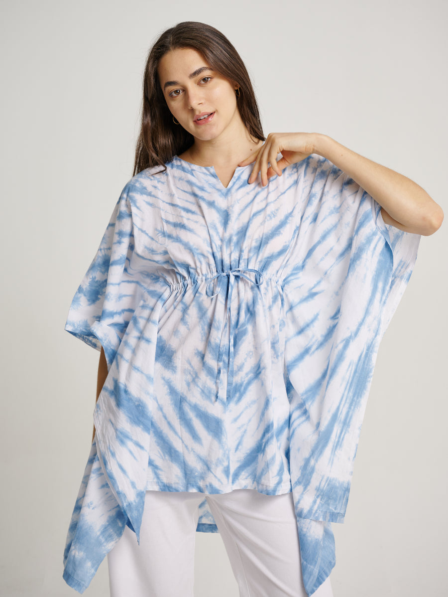 Blue Tie Dye V-Neck Blouse Drawstring Indigo Plant Stripe Pattern