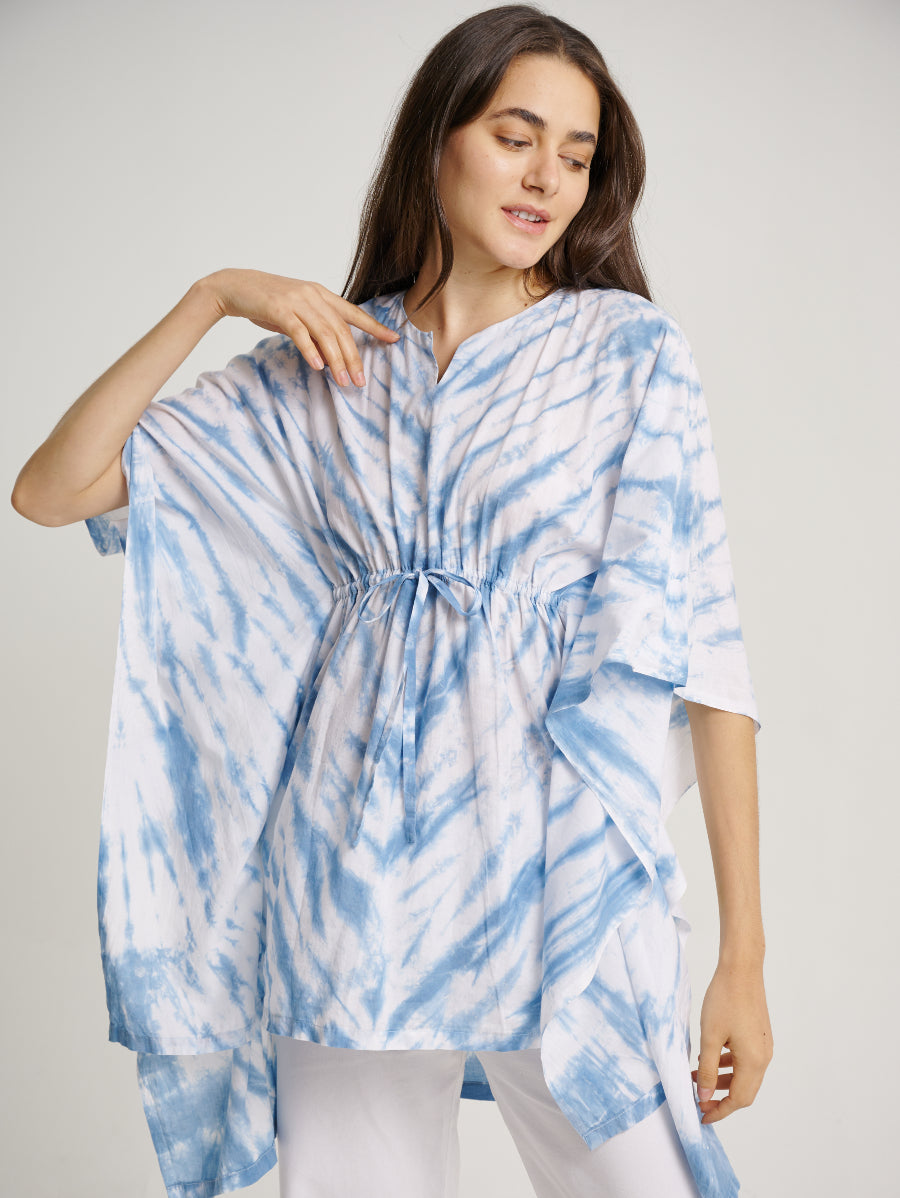 Blue Tie Dye V-Neck Blouse Drawstring Indigo Plant Stripe Pattern