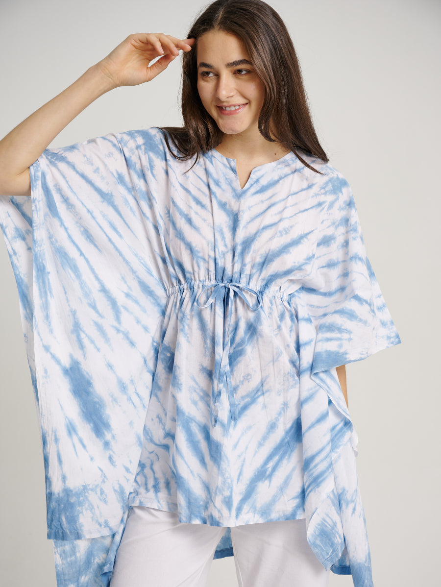 Blue Tie Dye V-Neck Blouse Drawstring Indigo Plant Stripe Pattern