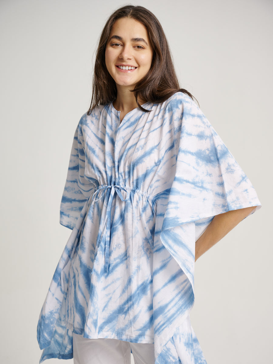 Blue Tie Dye V-Neck Blouse Drawstring Indigo Plant Stripe Pattern