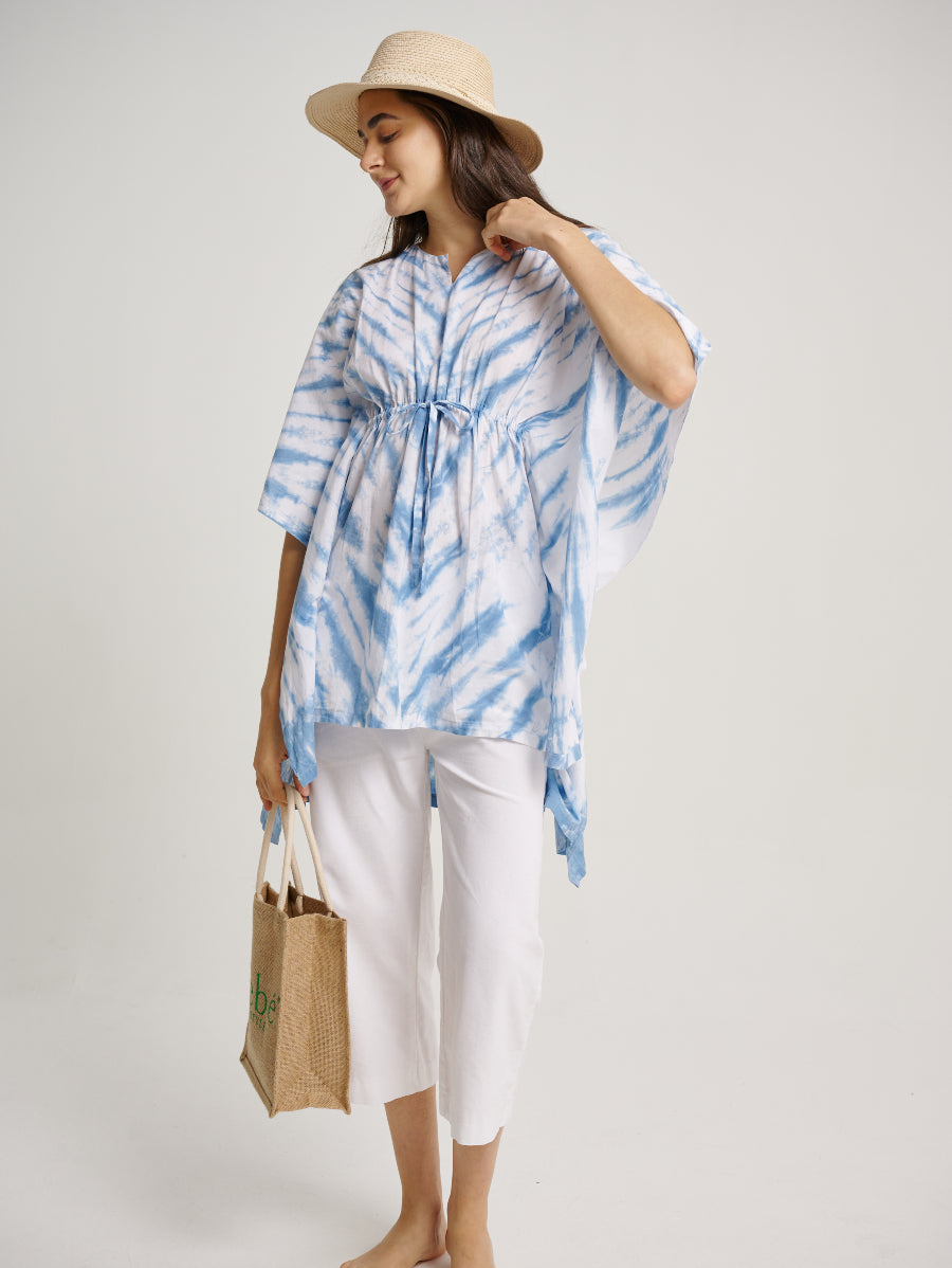 Blue Tie Dye V-Neck Blouse Drawstring Indigo Plant Stripe Pattern