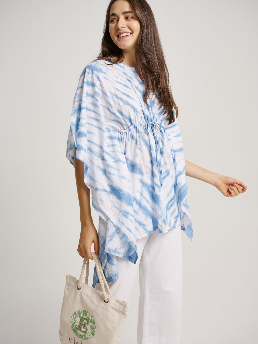 Blue Tie Dye V-Neck Blouse Drawstring Indigo Plant Stripe Pattern