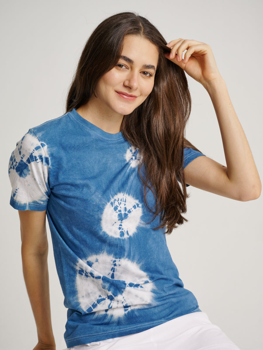 Blue Tie Dye Indigo Plant Web Pattern Short Sleeve T-shirt