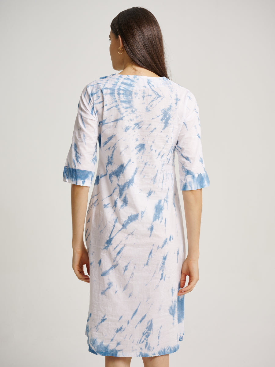 Blue Tie Dye Dress Indigo Plant Whirl Pattern Round Neck 3/4 Sleeves