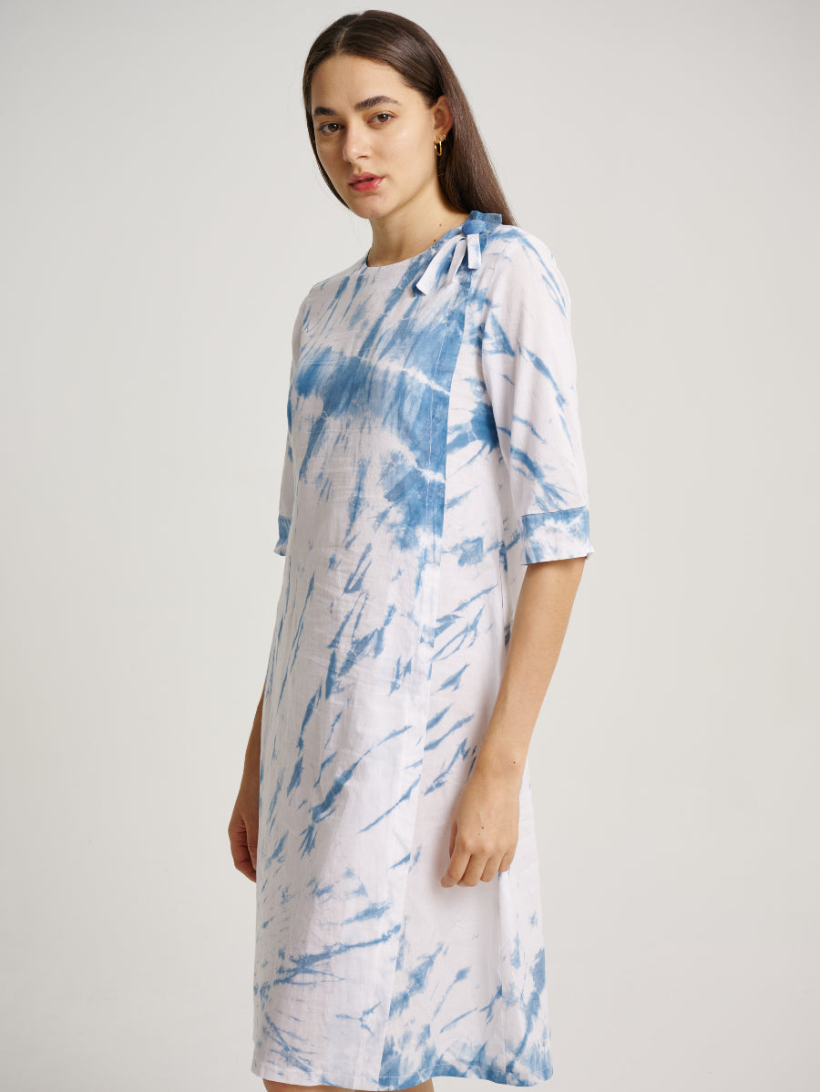 Blue Tie Dye Dress Indigo Plant Whirl Pattern Round Neck 3/4 Sleeves