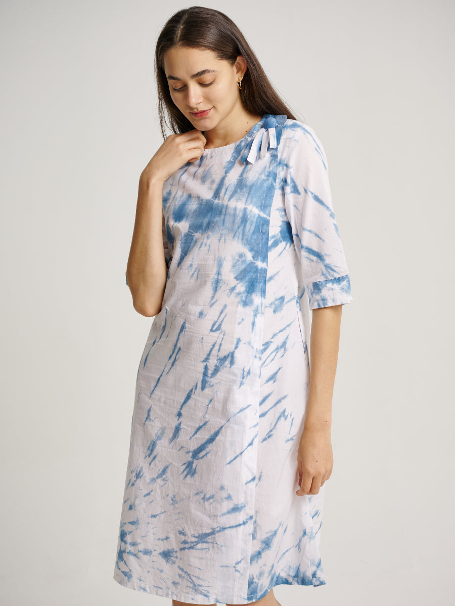 Blue Tie Dye Dress Indigo Plant Whirl Pattern Round Neck 3/4 Sleeves