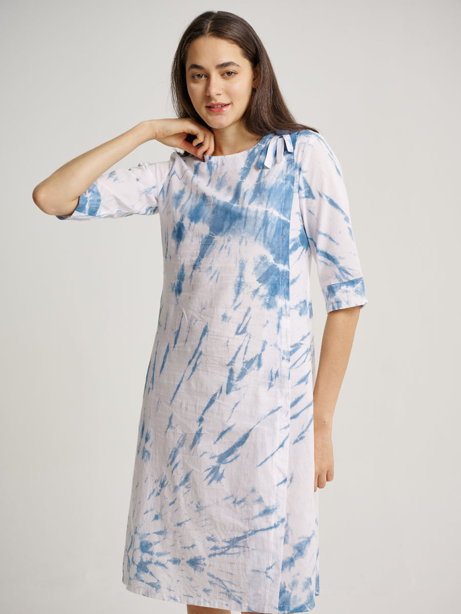 Blue Tie Dye Dress Indigo Plant Whirl Pattern Round Neck 3/4 Sleeves