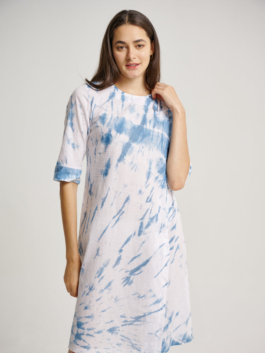 Blue Tie Dye Dress Indigo Plant Whirl Pattern Round Neck 3/4 Sleeves