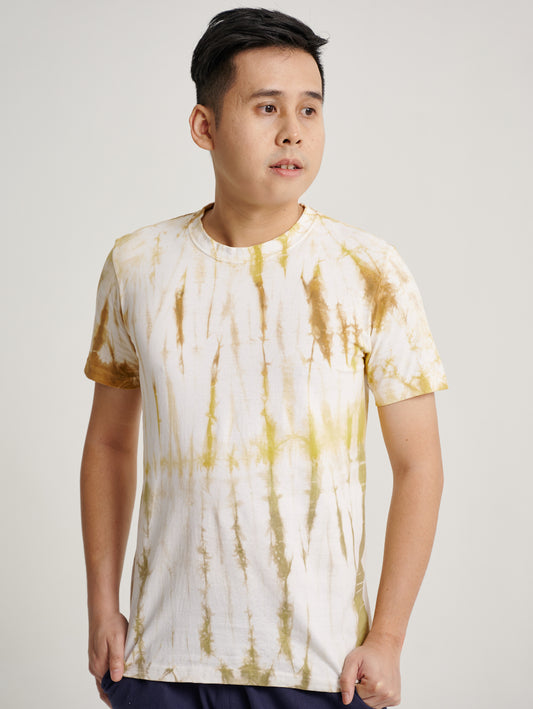 Brown Tie Dye Cap Jasmin Plant Strip Pattern Men Short Sleeve T-shirt