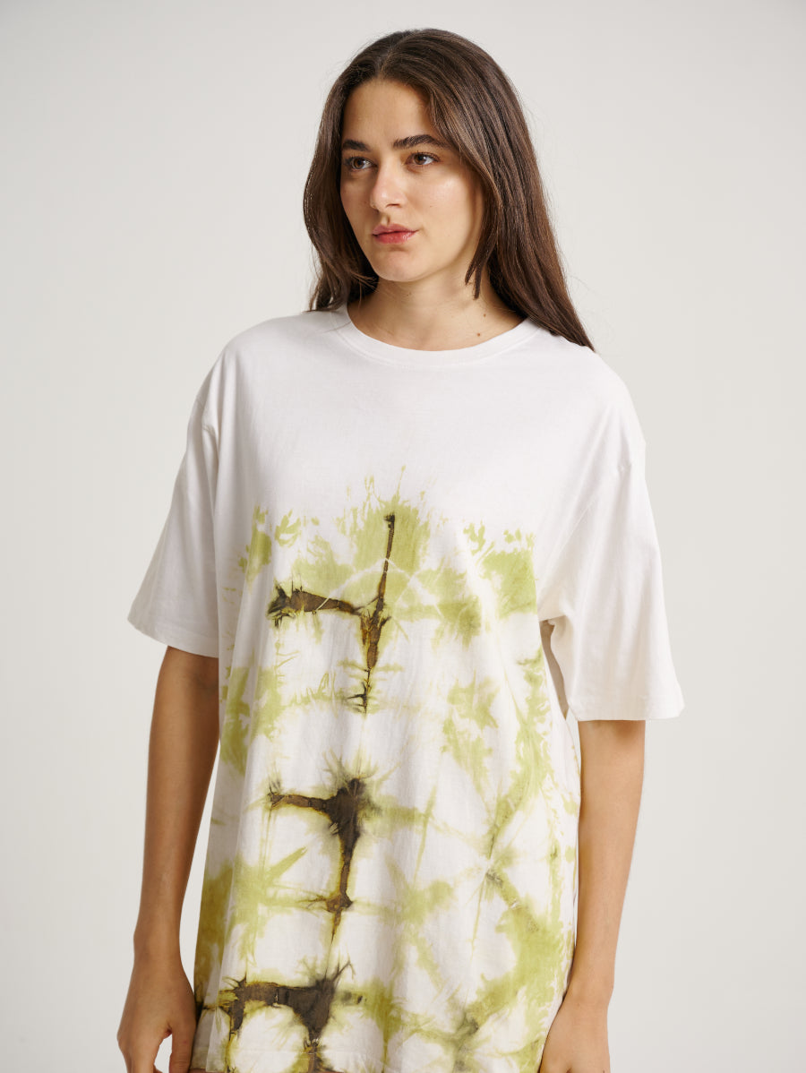 Green Tie Dye Ketapang Plant Square Pattern Short Sleeve T-shirt