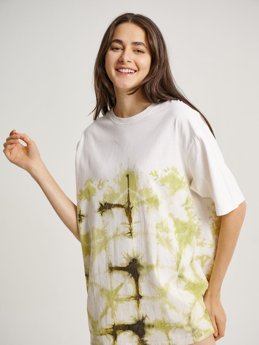 Green Tie Dye Ketapang Plant Square Pattern Short Sleeve T-shirt