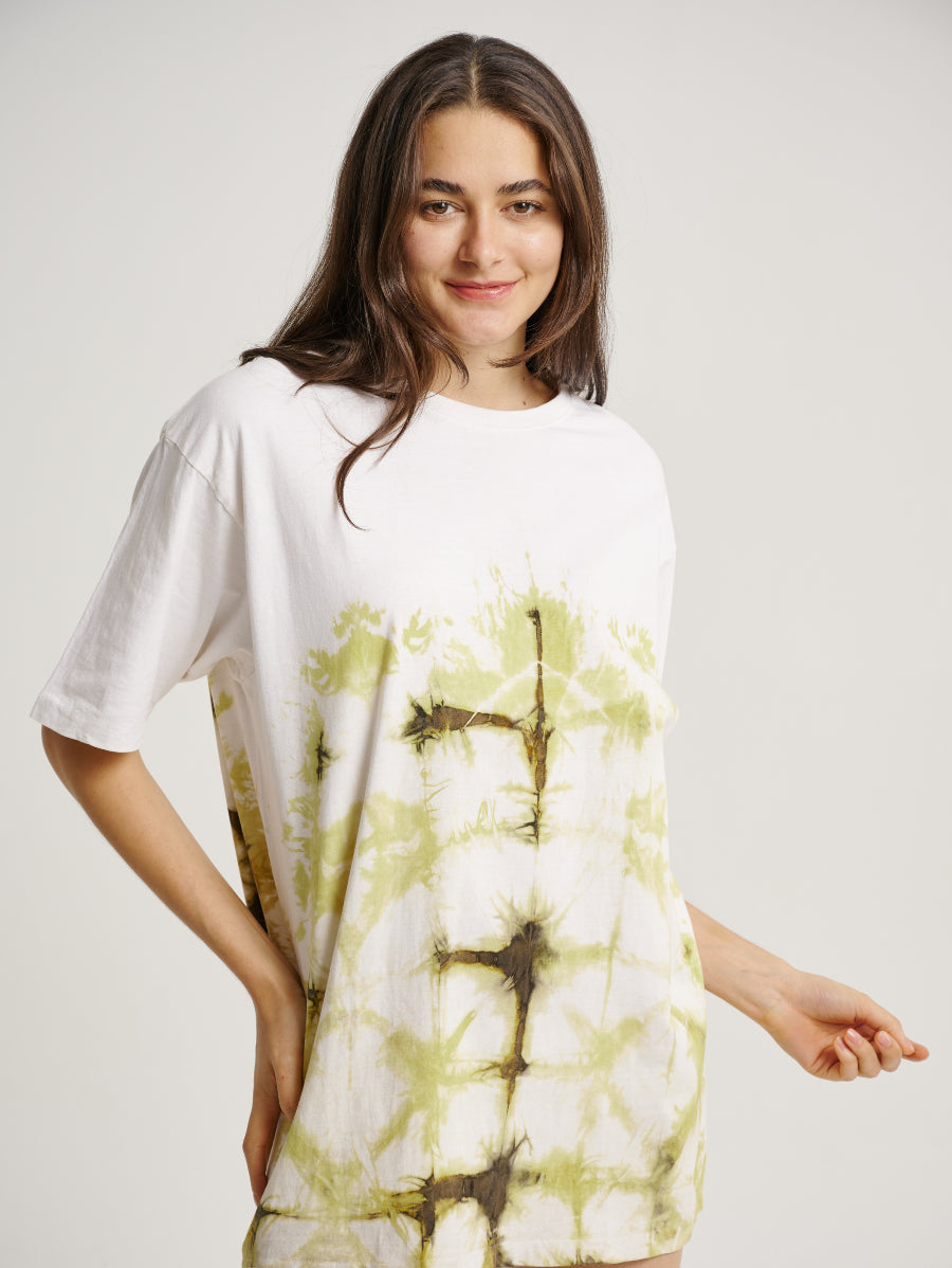 Green Tie Dye Ketapang Plant Square Pattern Short Sleeve T-shirt