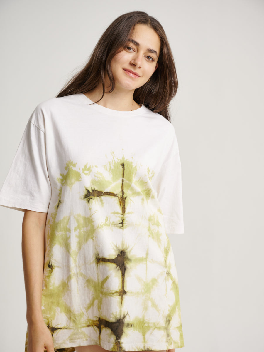 Green Tie Dye Ketapang Plant Square Pattern Short Sleeve T-shirt