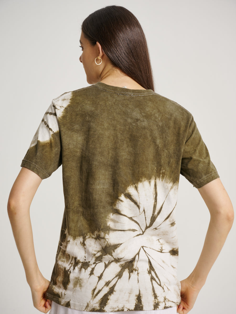 Green Tie Dye Ketapang Plant Whirl Pattern Short Sleeve T-shirt