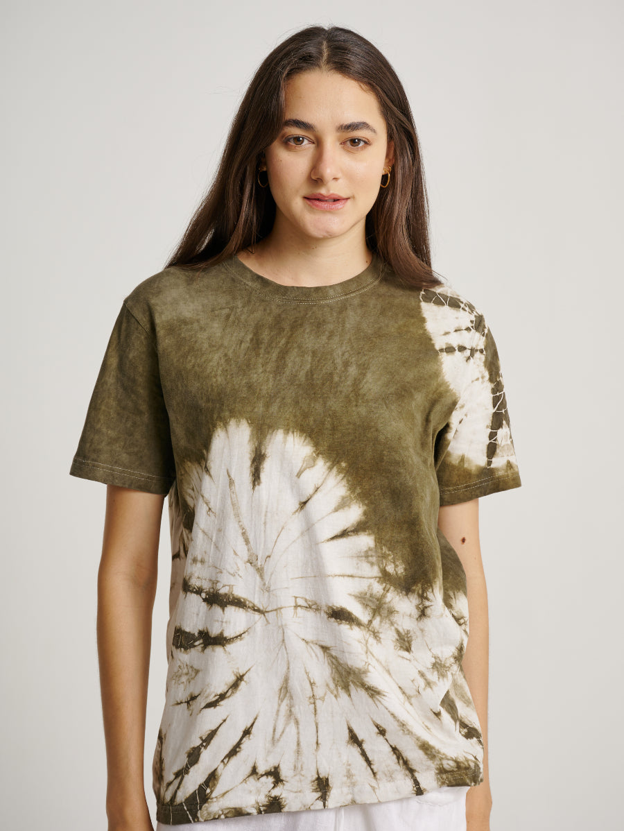 Green Tie Dye Ketapang Plant Whirl Pattern Short Sleeve T-shirt