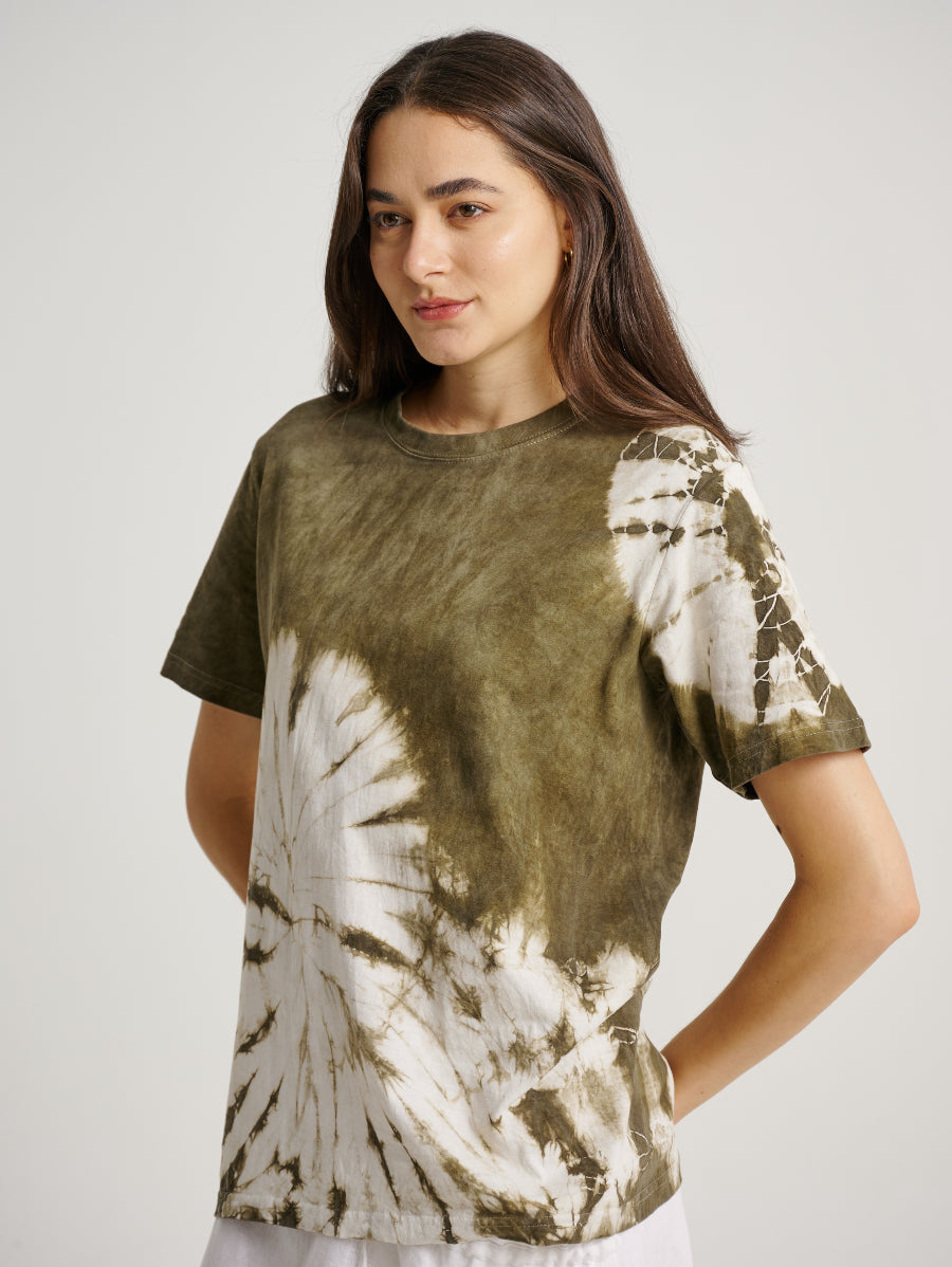 Green Tie Dye Ketapang Plant Whirl Pattern Short Sleeve T-shirt