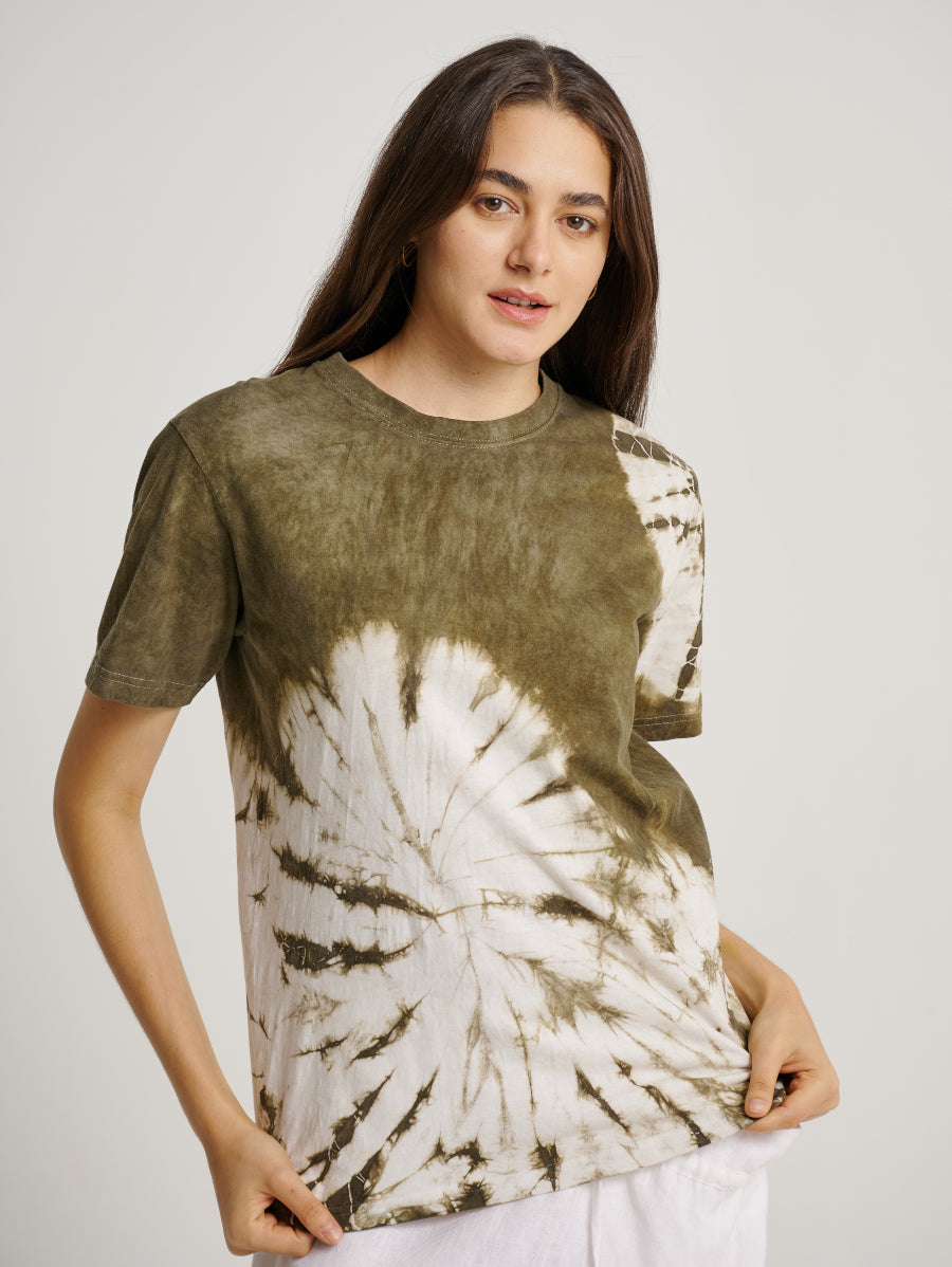 Green Tie Dye Ketapang Plant Whirl Pattern Short Sleeve T-shirt