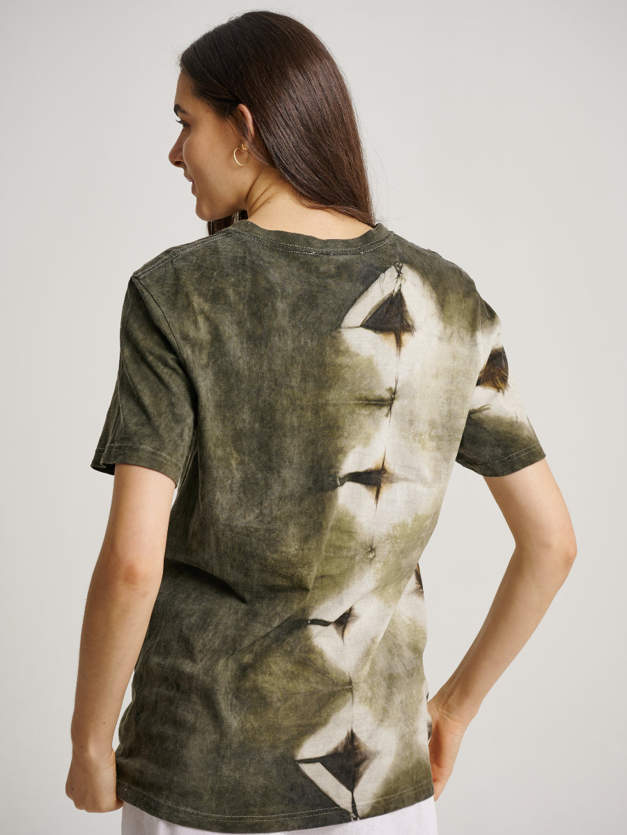 Green Tie Dye Ketapang Plant Square Pattern Short Sleeve T-shirt