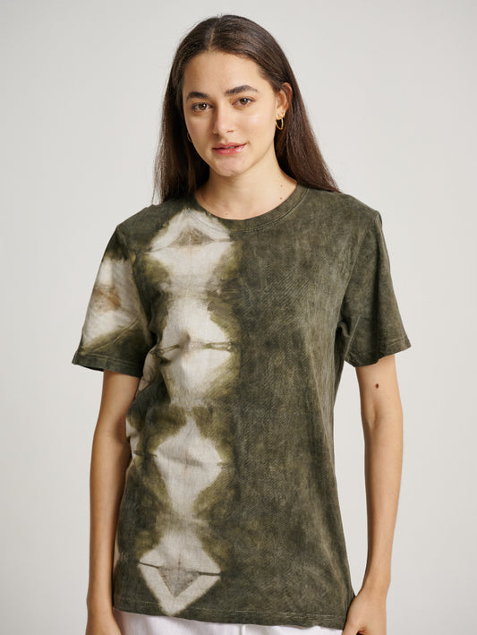 Green Tie Dye Ketapang Plant Square Pattern Short Sleeve T-shirt