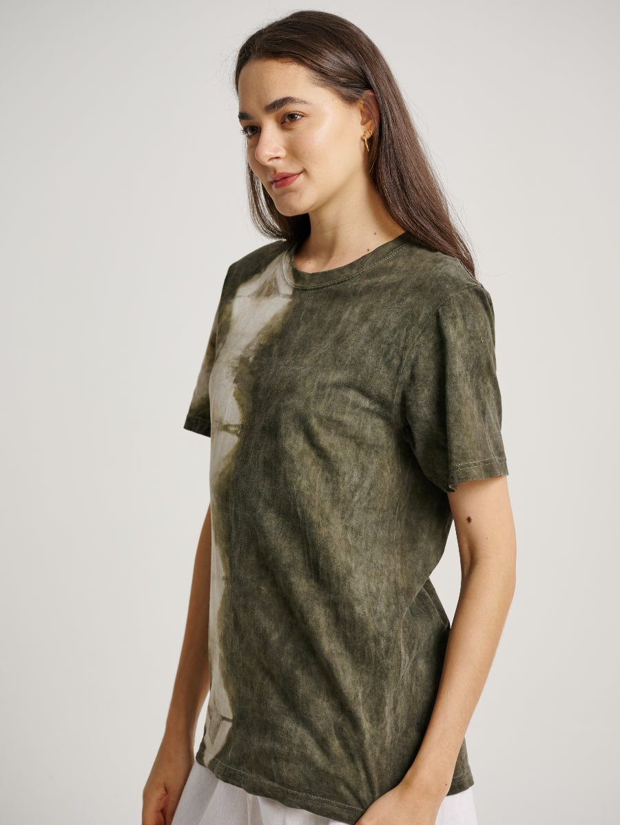 Green Tie Dye Ketapang Plant Square Pattern Short Sleeve T-shirt