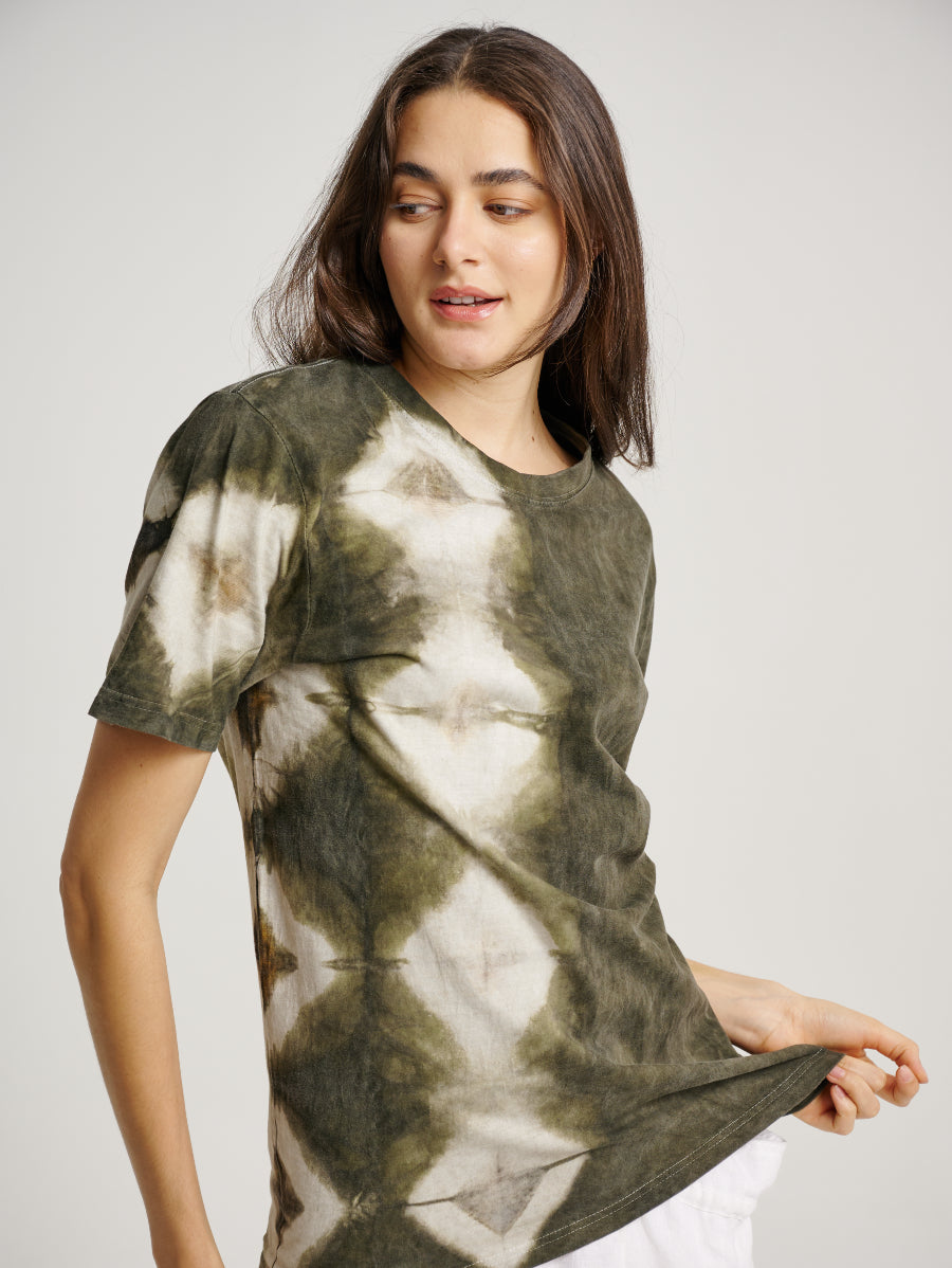 Green Tie Dye Ketapang Plant Square Pattern Short Sleeve T-shirt