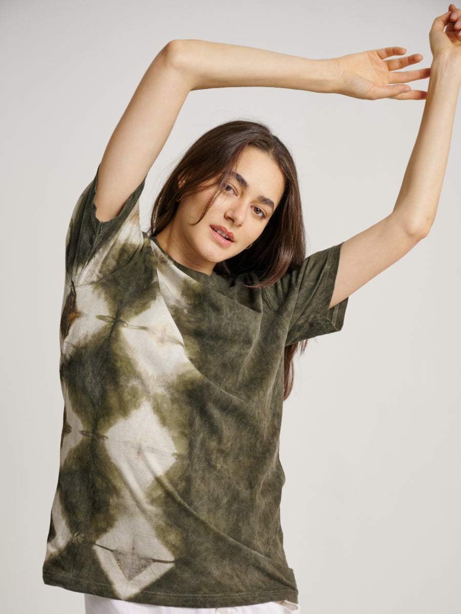 Green Tie Dye Ketapang Plant Square Pattern Short Sleeve T-shirt