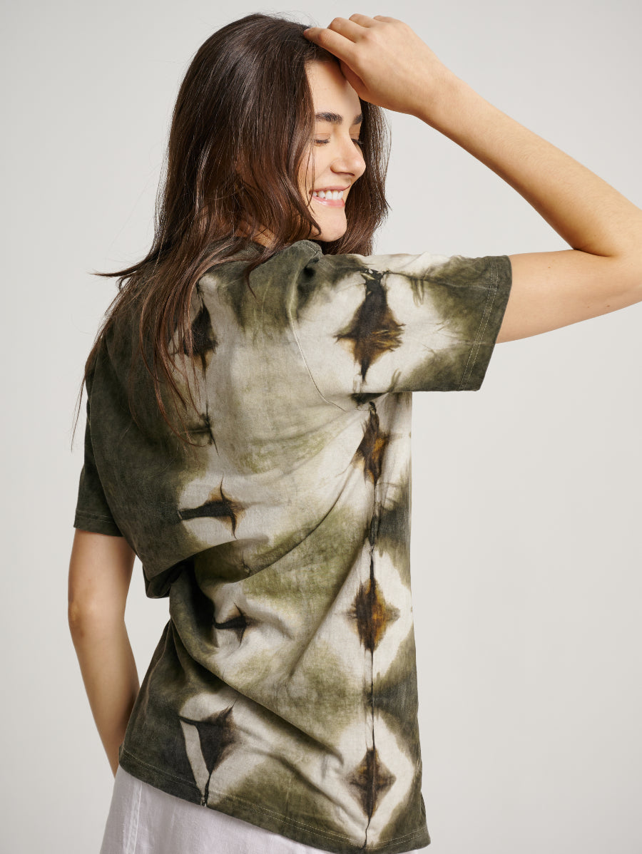 Green Tie Dye Ketapang Plant Square Pattern Short Sleeve T-shirt