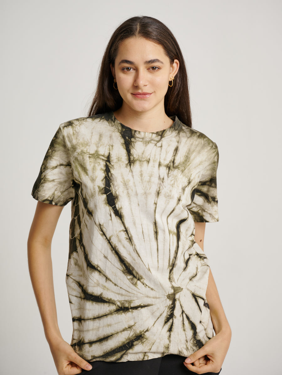 Green Tie Dye Ketapang Plant Whirl Pattern Short Sleeve T-shirt