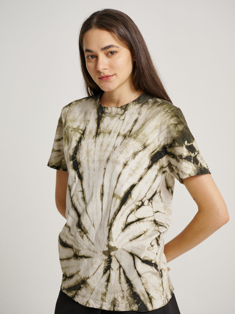 Green Tie Dye Ketapang Plant Whirl Pattern Short Sleeve T-shirt