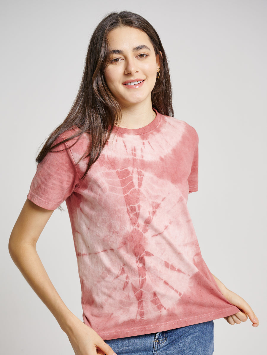 Pink Tie Dye Secang Plant Circle Pattern Short Sleeve T-shirt