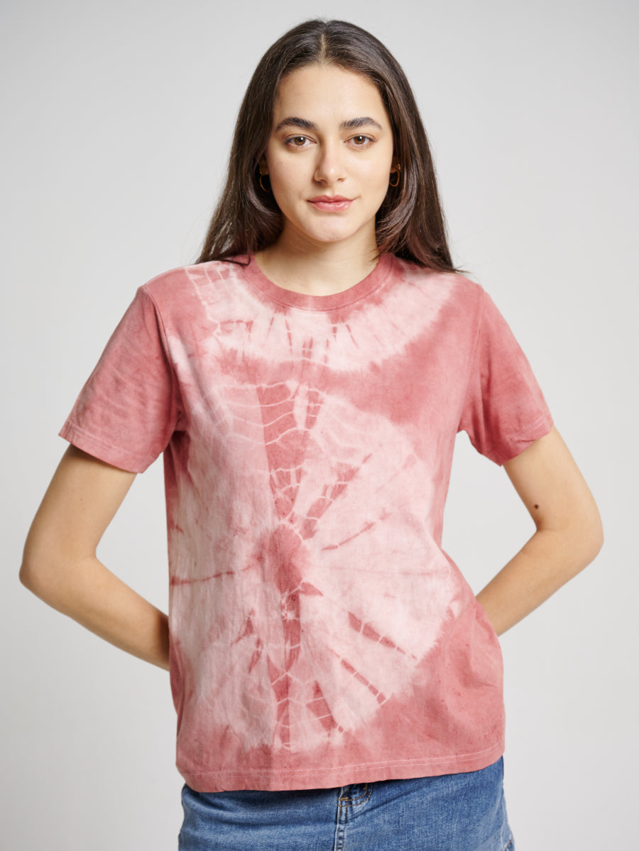 Pink Tie Dye Secang Plant Circle Pattern Short Sleeve T-shirt