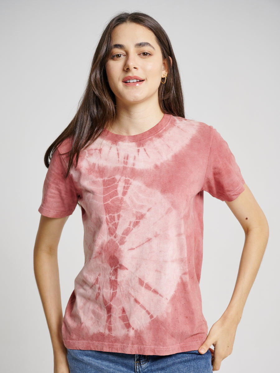 Pink Tie Dye Secang Plant Circle Pattern Short Sleeve T-shirt