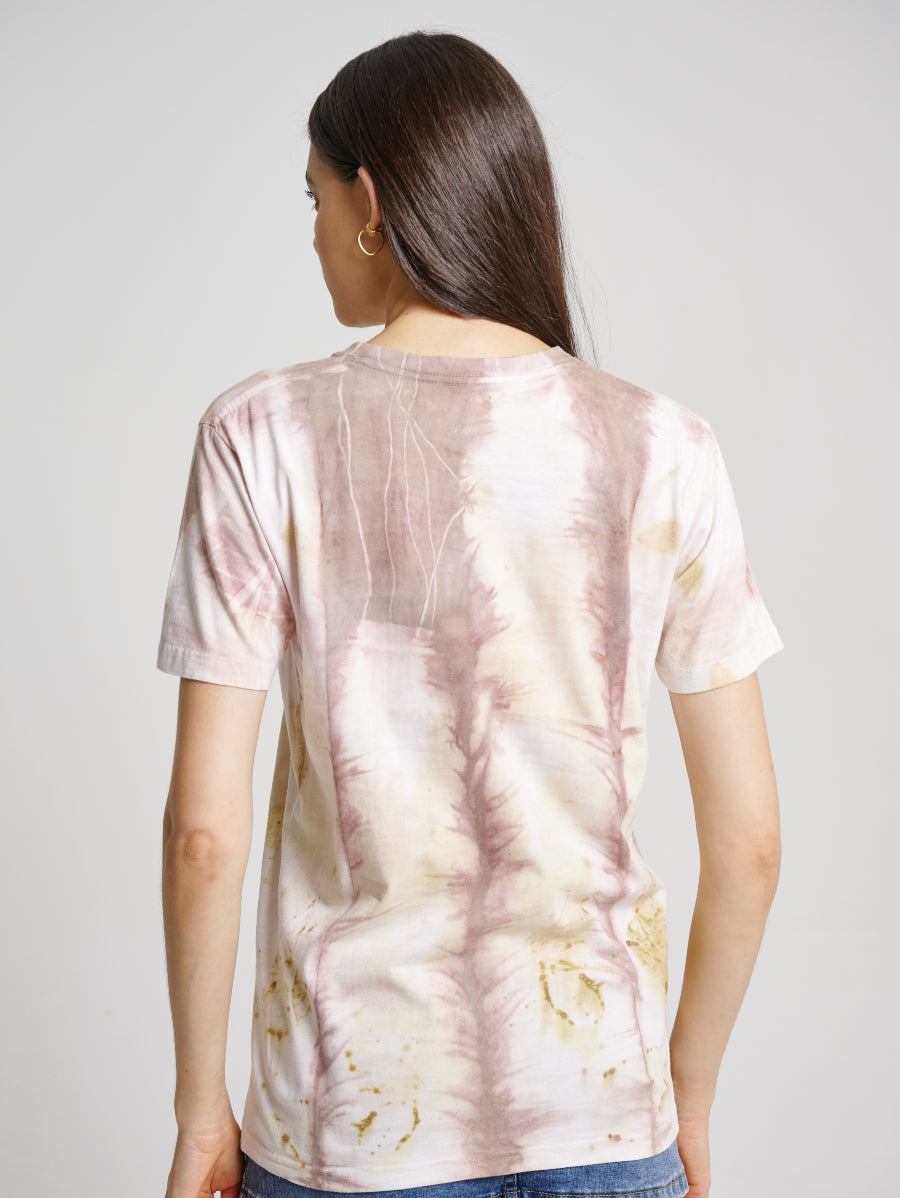 Pink Tie Dye Secang Plant Scattered Pattern Eco Print Short Sleeve T-shirt