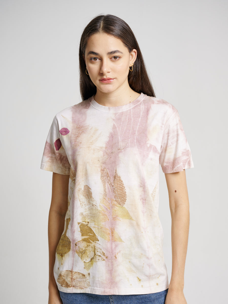 Pink Tie Dye Secang Plant Scattered Pattern Eco Print Short Sleeve T-shirt