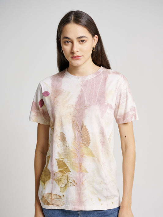 Pink Tie Dye Secang Plant Scattered Pattern Eco Print Short Sleeve T-shirt