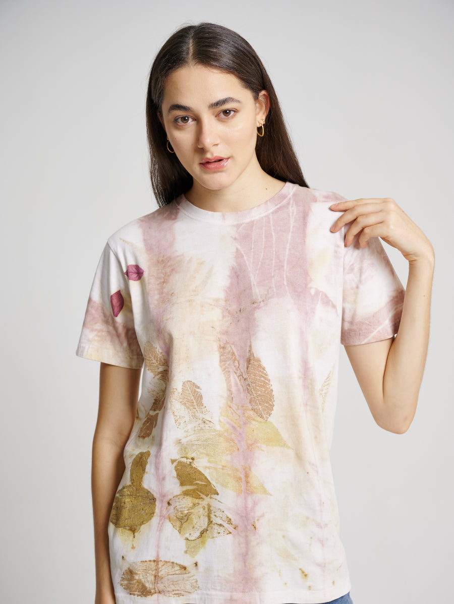 Pink Tie Dye Secang Plant Scattered Pattern Eco Print Short Sleeve T-shirt