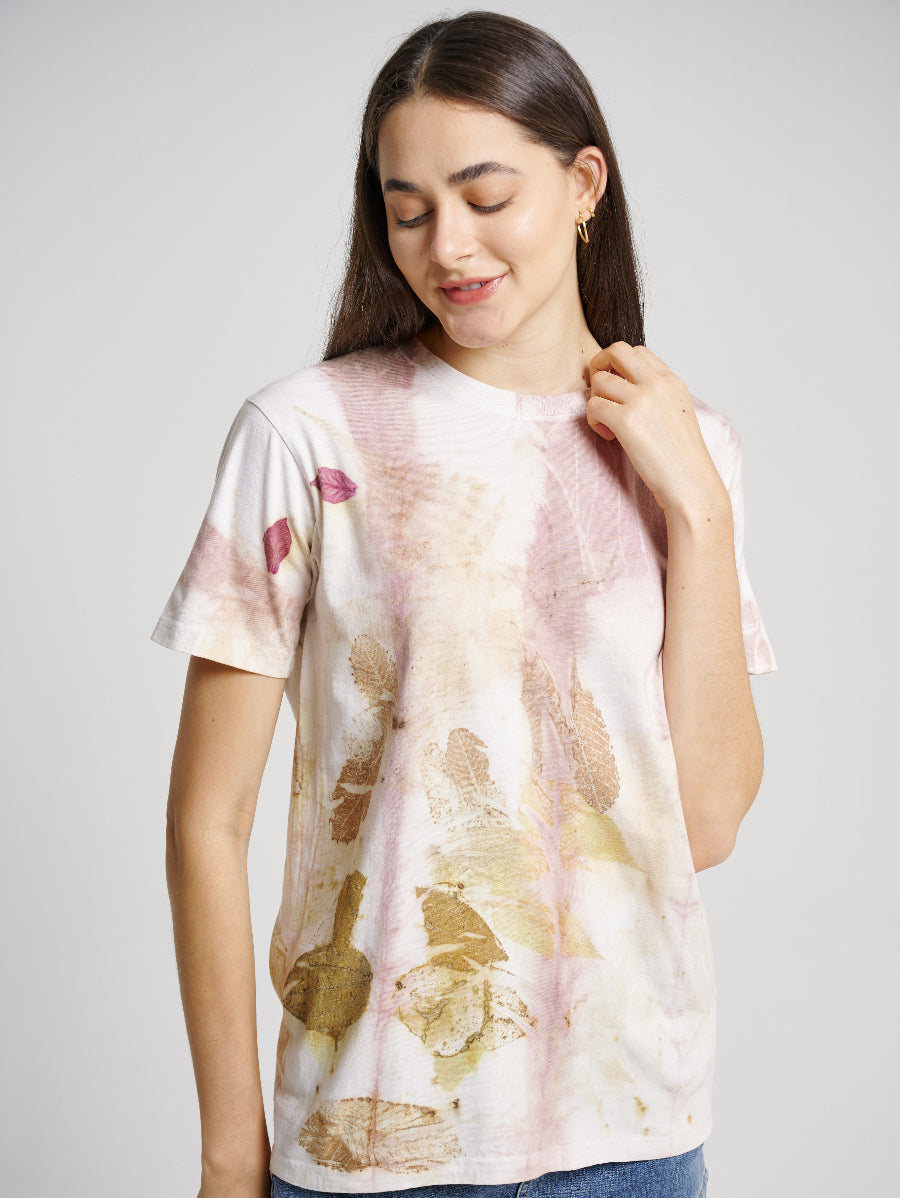 Pink Tie Dye Secang Plant Scattered Pattern Eco Print Short Sleeve T-shirt