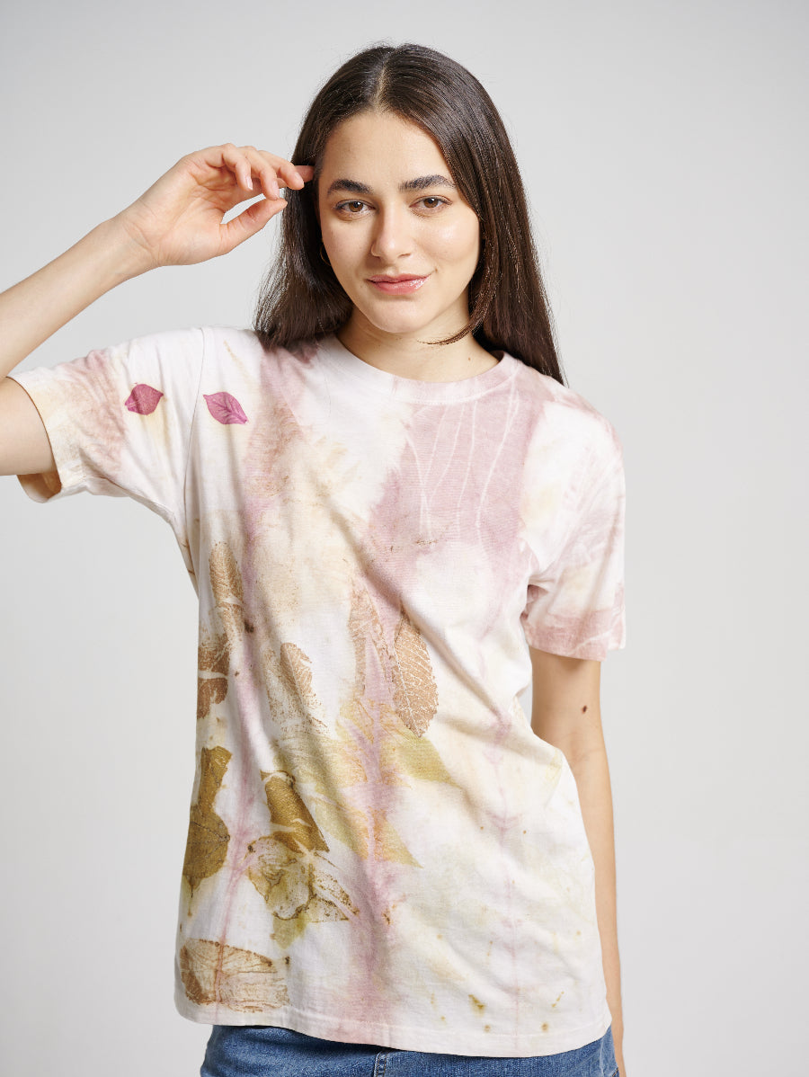 Pink Tie Dye Secang Plant Scattered Pattern Eco Print Short Sleeve T-shirt