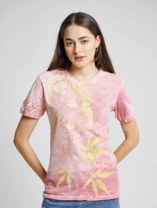 Pink Natural Dye Secang Plant Scattered Pattern Eco Print Short Sleeve T-shirt