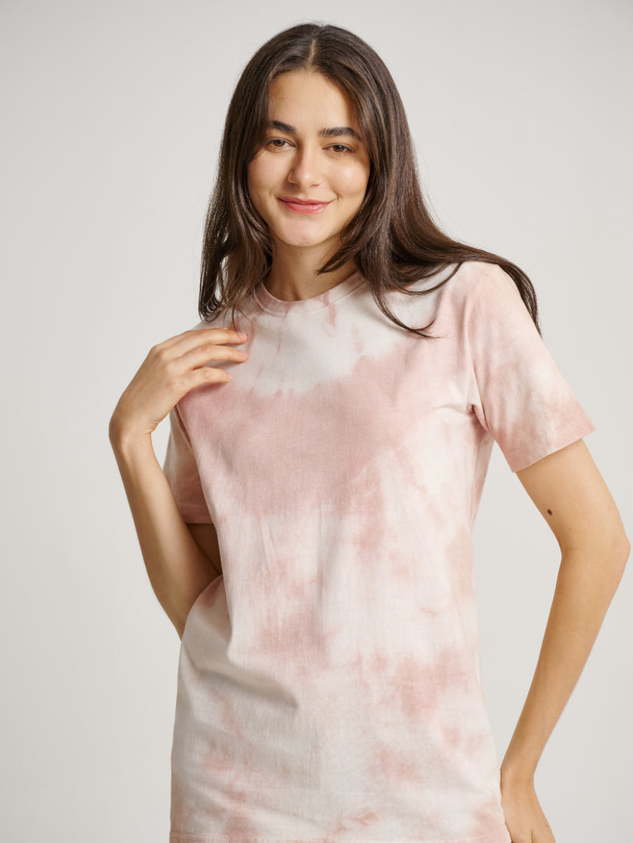 Pink Tie Dye Secang Plant Snow Scrap Pattern Short Sleeve T-shirt