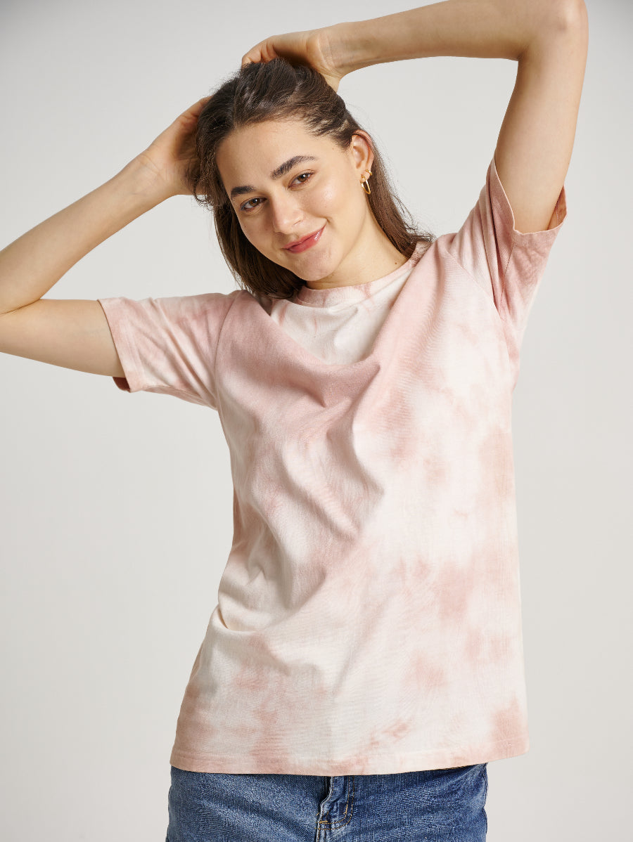 Pink Tie Dye Secang Plant Snow Scrap Pattern Short Sleeve T-shirt