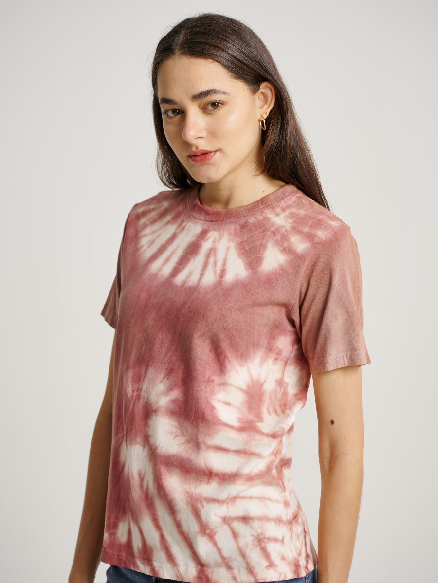 Pink Tie Dye Secang Plant Whirl Strip Pattern Short Sleeve T-shirt