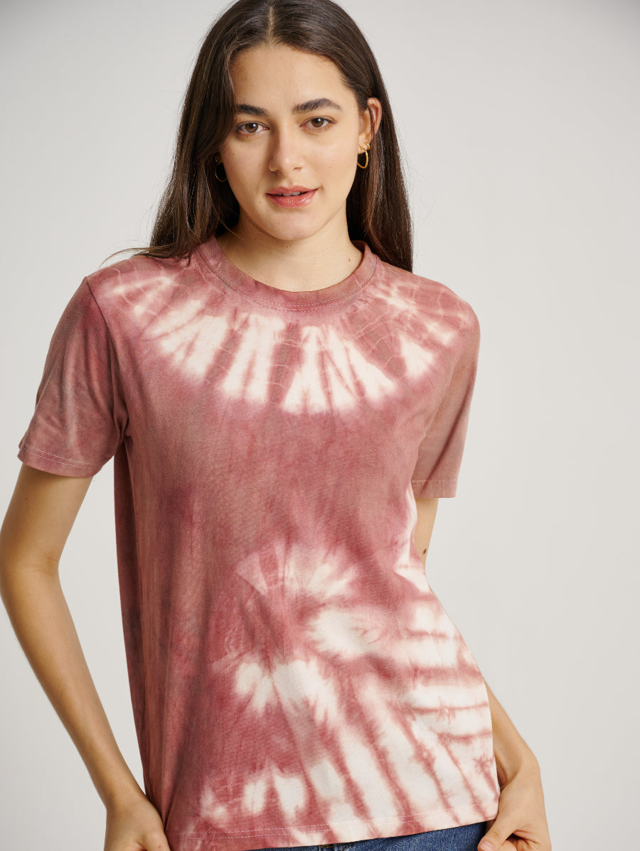 Pink Tie Dye Secang Plant Whirl Strip Pattern Short Sleeve T-shirt