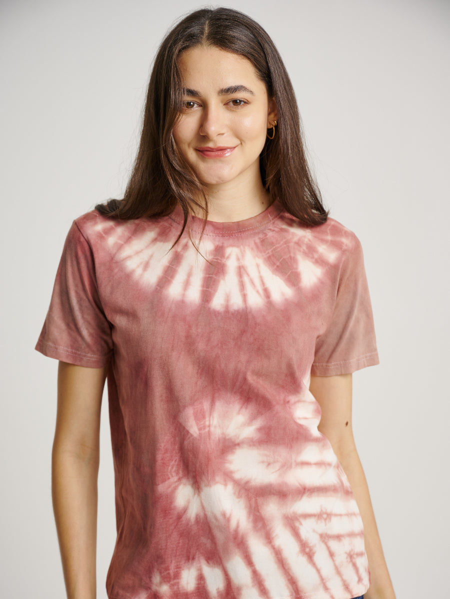 Pink Tie Dye Secang Plant Whirl Strip Pattern Short Sleeve T-shirt